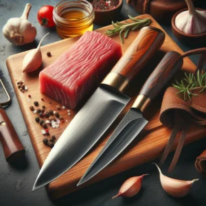 a boning knife and a fillet knife on a cutting board