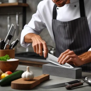 a chef sharping a knife on Whetstone in kitchen