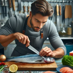 a fishmonger using a fillet knife to fillet a fish